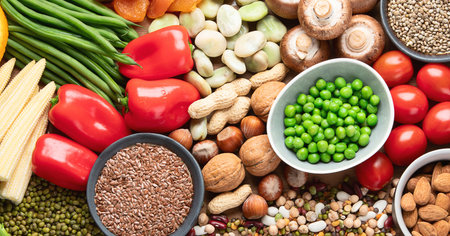 Foods high in antioxidants, carbohydrates and vitamins. Clean and detox eating, vegetarian concept. Top view.の写真素材