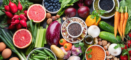 Healthy eating ingredients: vegetables, fruits and legumes. Nutrition, diet, clean food concept. Healthy eating. Top view.の写真素材