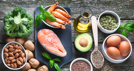 Food sources of omega 3 and healthy fats. Foods high in fatty acids including seafood, vegetables, nuts and seeds. Top view. Panorama.の写真素材
