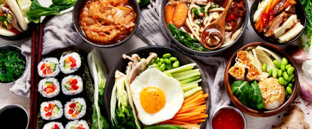 Korean traditional food. Bibimbap, traditional Korean dish, rice, vegetables, Kimchi on a white background. Top view. Panorama.の写真素材