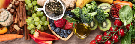Natural products rich in antioxidants and vitamins on a wooden background. Healthy clean and detox food - vegetables, fruits, nuts, superfoods. Panorama.の写真素材