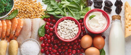 Healthy food containing iodine - fish, vegetables, milk. Top view. Healthy eating. Panorama.の写真素材
