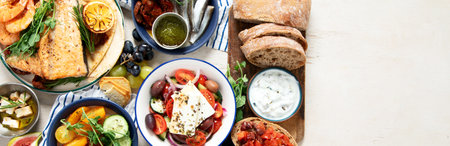 Greek food background. Fsh, pita, Greek salad, tzatziki, feta, olives. Traditional different Greek dishes set on a light background. Top view. Panorama with copy space.の写真素材