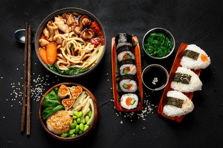 Assorted gourmet Japanese dishes. Set of sushi, rolls, soup and rice on a black background. Top view.の写真素材
