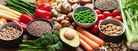 Foods high in antioxidants, carbohydrates and vitamins. Clean and detox eating, alkaline diet, vegetarian concept. Top view. Panorama.の写真素材