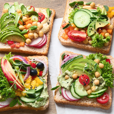 Various vegan sandwiches. Plant-based diet. Vegetarian healthy food concept. Clean eating. Top view.の写真素材