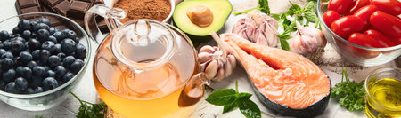 Various Anti-Aging foods. Foods high in antioxidants, vitamins and minerals. Top view. Panorama.の写真素材