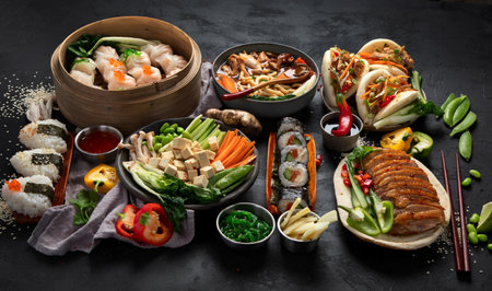Asian food served on a black background. Asian food concept. Top view.の写真素材