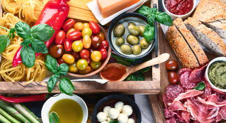 Italian food ingredients. Vegetables, olive oil, cheese and pasta on dark background. Healthy eating. Top view. Panorama.の写真素材