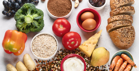 Natural sources of chromium. Natural products healthy containing chromium: egg, tomato, cocoa, grape, bread, bean, shrimp, potato, yogurt. Top view. Panorama.の写真素材