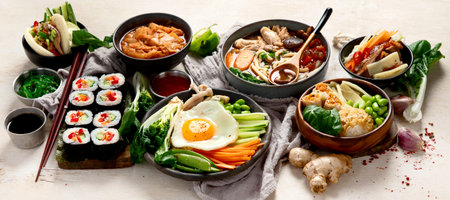 Korean traditional food. Bibimbap, traditional Korean dish, rice, vegetables, Kimchi on a white background. Top view. Panorama.の写真素材