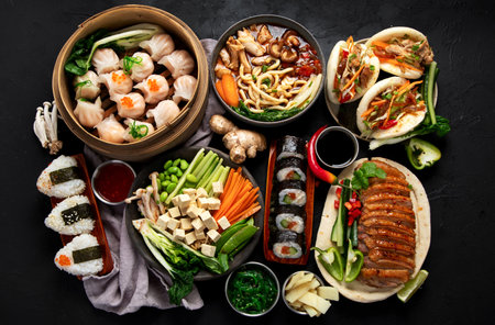 Asian food served on a black background. Asian food concept. Top view.の写真素材