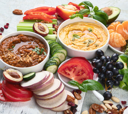 Healthy vegan snacks and dips. Party food on a gray background. Clean diet eating, veggie serving table. Top view.の写真素材