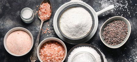 Types of salt - white, rose, black on a black background. Top view. Panorama.の写真素材