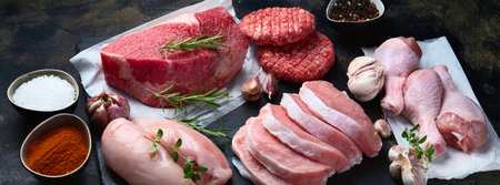 Fresh different meat types on a black background. Top view. Panorama.の写真素材