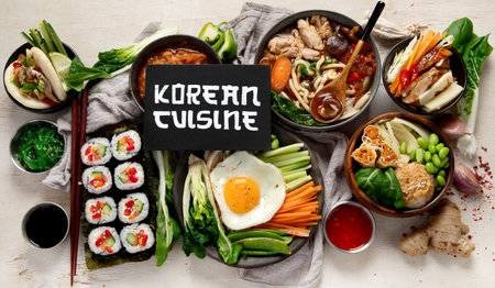 Korean traditional food. Bibimbap, traditional Korean dish, rice, vegetables, Kimchi on a white background. Top view.の写真素材