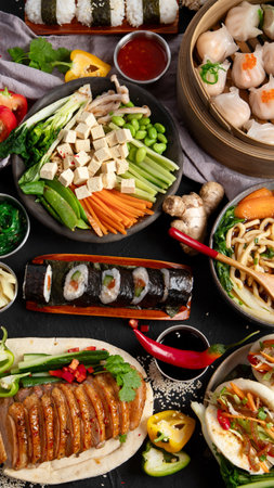 Asian food served on a black background. Asian food concept. Top view.の写真素材