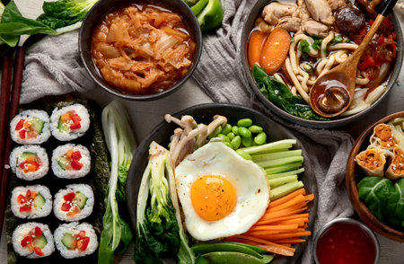 Korean traditional food. Bibimbap, traditional Korean dish, rice, vegetables, Kimchi on a white background. Top view.の写真素材