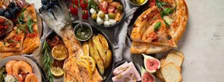Full table of Italian meals on plates and board - Pizza, pasta, salami, parmesan, olives, bread sticks on a white background. Top view. Panorama with copy space.の写真素材