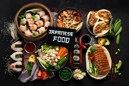 Asian food served on a black background. Asian food concept. Top view.の写真素材