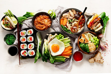 Korean traditional food. Bibimbap, traditional Korean dish, rice, vegetables, Kimchi on a white background. Top view.の写真素材