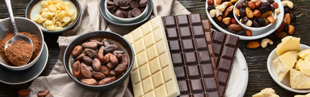 Dark bitter, milk and white chocolate, cocoa butter, cocoa powder and beans on a gray background. Top view. Panorama.の写真素材