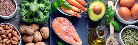 Food sources of omega 3 and healthy fats. Foods high in fatty acids including seafood, vegetables, nuts and seeds. Top view. Panorama.の写真素材