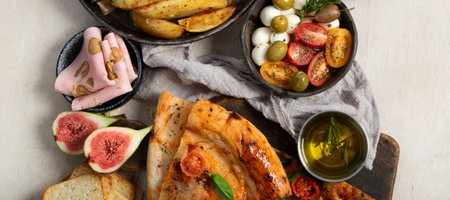 Full table of Italian meals on plates and board - Pizza, pasta, salami, parmesan, olives, bread sticks on a white background. Top view. Panorama.の写真素材