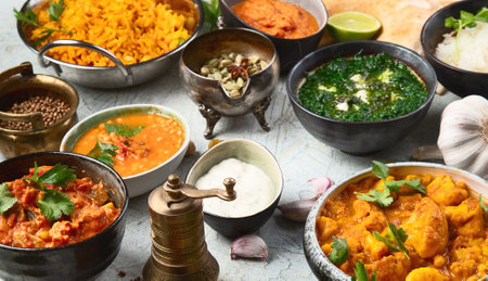Traditional Indian food on a gray background. Indian cuisine. Top view.の写真素材