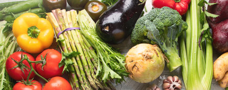 Assortment of raw organic vegetables. Detox diet. Healthy eating background. Vegan and vegetarian concept. Top view. Panoramaの写真素材
