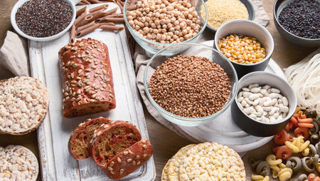 Assortment of gluten free foods on a wooden background. Top view.の写真素材