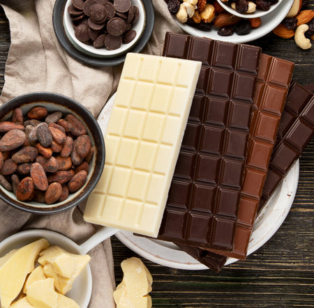 Dark bitter, milk and white chocolate, cocoa butter, cacao powder and beans on a wooden background. Top view.の写真素材