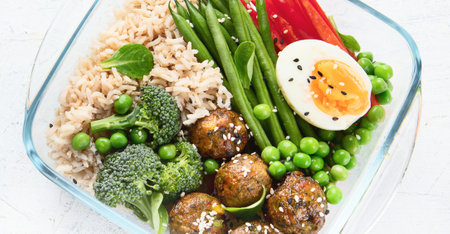 Healthy lunch box. Asian style food. Top view. Panorama with copy space.の写真素材