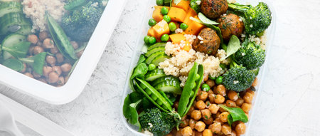 Healthy vegan and vegetarian lunch box on a gray background. Clean and detox diet concept. Top view. Panorama.の写真素材