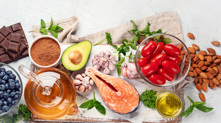 Health anti aging food. Food for healthy heart, brain and good memory. Prevention of senile dementia. High in antioxidants. Top view.の写真素材