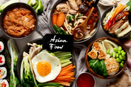 Korean traditional food. Bibimbap, traditional Korean dish, rice, vegetables, Kimchi on a white background. Top view.の写真素材
