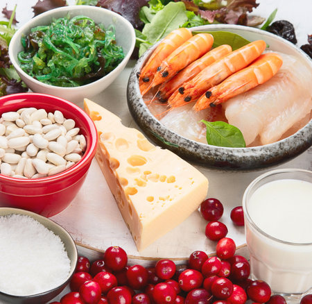 Healthy food containing iodine - fish, vegetables, milk. Top view. Healthy eating.の写真素材