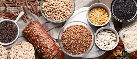 Various gluten free foods on a wooden background. Top view. Panorama, banner.の写真素材