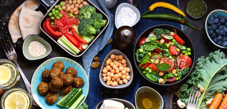 Vegetarian variety dishes on a black background. Healthy vegan food. Clean food and eating concept. Top view.の写真素材