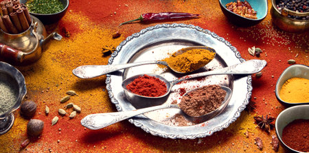 Colorful spices for cooking. Indian spices background. Top view. Panorama.の写真素材