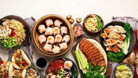 Set of Chinese dishes on dark background: sweet duck, soup, steamed buns, dim sum in bamboo steamer, salad, rice, dips. Asian style banquet, top view. Copy space.の写真素材