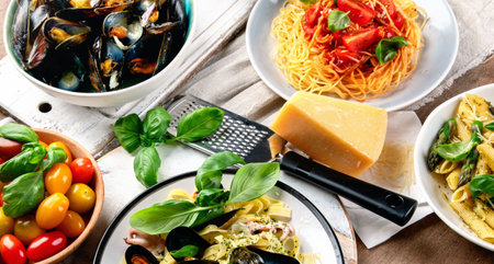 Traditional Italian food. Mediterranean traditional cuisine. Healthy diet concept. Top view. Panorama.の写真素材
