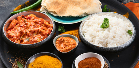 Indian chicken tikka masala, basmati rice, spices, naan bread in plates on a black background. Top view. Panorama.の写真素材