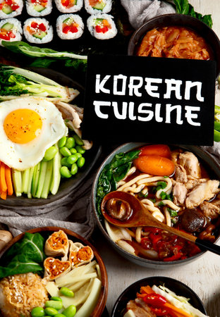 Korean traditional food. Bibimbap, traditional Korean dish, rice, vegetables, Kimchi on a white background. Top view.の写真素材
