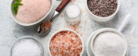 Assortment of salt types - rose, white, black on a gray background. Top view. Panorama.の写真素材