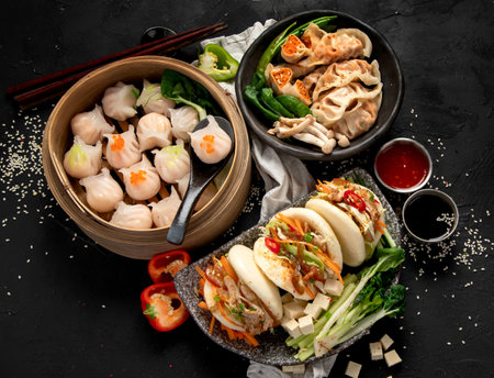 Chinese dumplings, soy sauce, dim sum on a dark background. Traditional Asian food concept. Top viewの写真素材