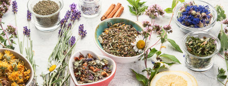 Assortment of herbal tea on a white background. Natural herbs medicine. Top view. Panorama.の写真素材