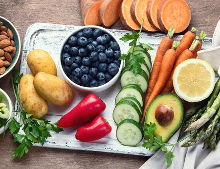 Best High Alkaline Foods on a wooden background. Vegan, alkaline diet concept. Panorama. Top viewの写真素材