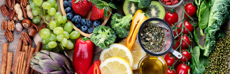 Natural products and vitamins on a wooden background. Healthy clean and detox food - vegetables, fruits, nuts, superfoods. Top view. Panorama.の写真素材