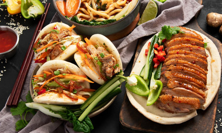 Set of Chinese dishes on dark background: sweet and sour duck, noodles soup, steamed buns. Asian style banquet or buffet, top view.の写真素材